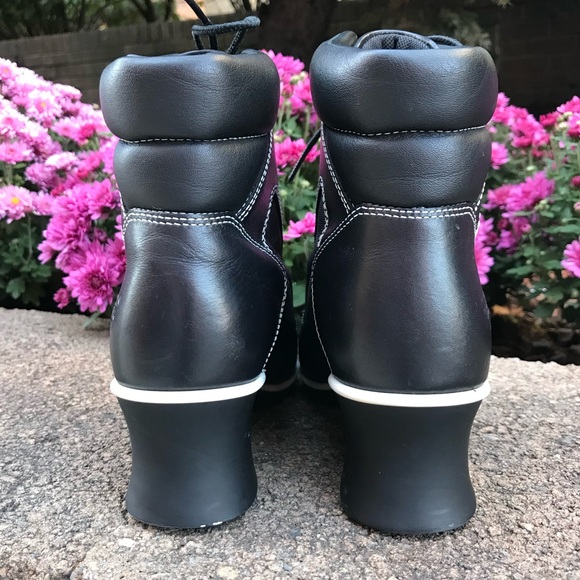 TIMBERLAND Hill Wedge Ankle Boots Size 5.5 Leather lace-up Black with White trim - Picture 13 of 16